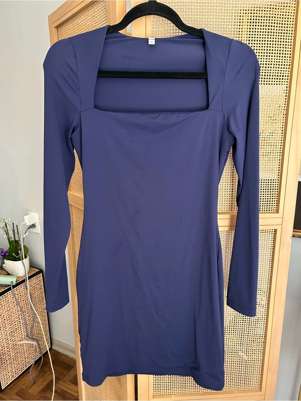 Navy Blue Square Neck Bodycon Mini Dress Long Sleeve Size M - Picture 2 of 6
